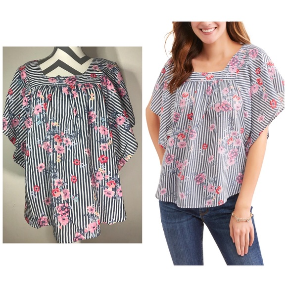 Time and Tru Tops - Striped floral flutter sleeve top